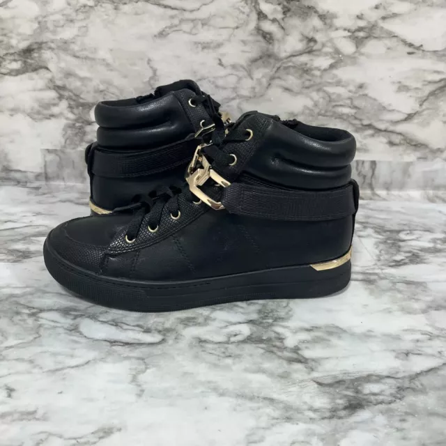 ALDO SNEAKERS WOMENS 7 Black High Top Lace Side Zip Chunky Gold Chain ...
