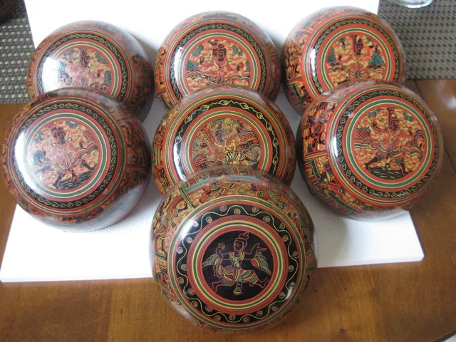 Burmese Yun-de Lacquer Water Bowls 7 Court Scenes Dancers Red Black Yellow Green