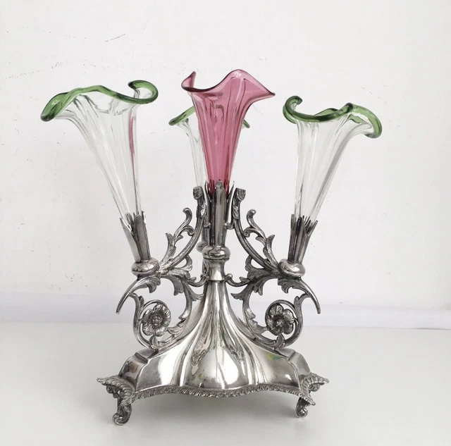 Antique Victorian Silver Plated Glass Epergne Centerpiece Vase