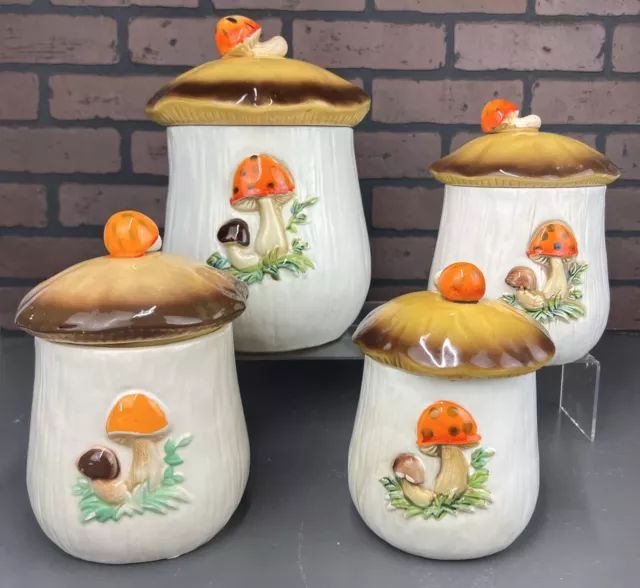 4 Vintage 1970's MERRY MUSHROOM CANISTER SET w/Lids JAPAN - Two-Sided - 70's