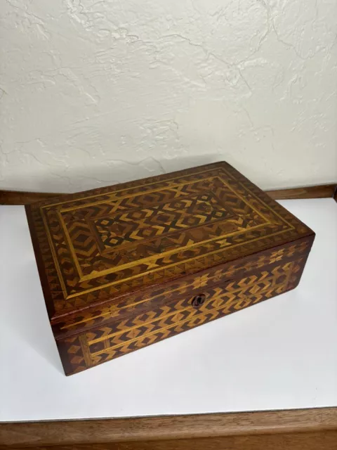 Antique Folk Art Marquetry Inlaid Wooden Box