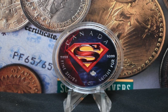 2016 CANADIAN MAPLE Leaf Colorized Silver $5 Super Man Coin w/ COA