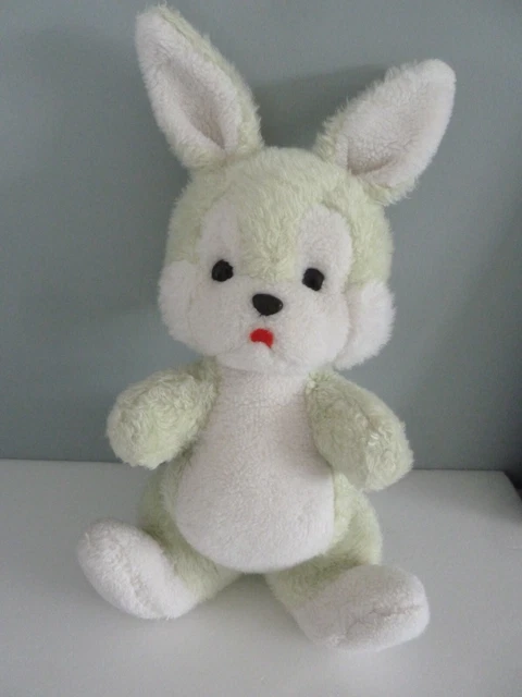 P4. DOUDOU PELUCHE NOUNOURS LAPIN VERT BLANC LANGUE ROUGE 27cm + oreilles - TBE 4
