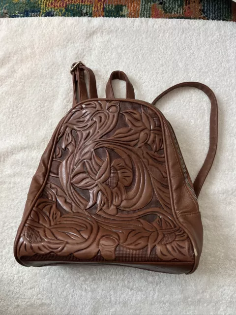 Tooled Leather Sling Backpack Bag Sunflower Design