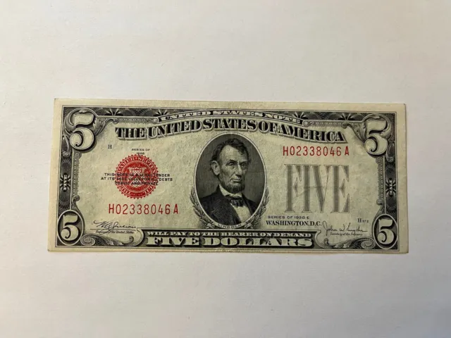 1928-E $5 Five Dollar Bill, Red Seal Note #H02338046A