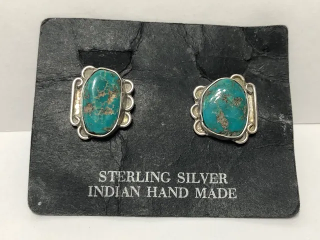 Vintage Native American Sterling Silver Turquoise Earrings Screw Back