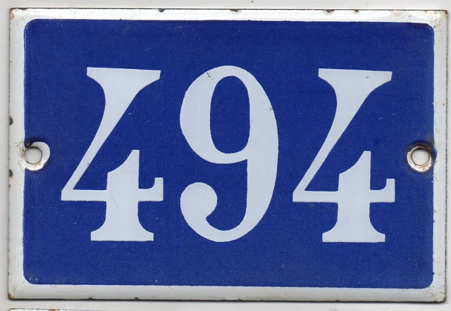 Old blue French house number 494 door gate plate plaque enamel steel metal sign