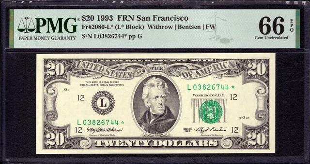 1993 $20 Federal Reserve Star Note San Francisco Fr.2080-L* Pmg Gem Unc 66 Epq