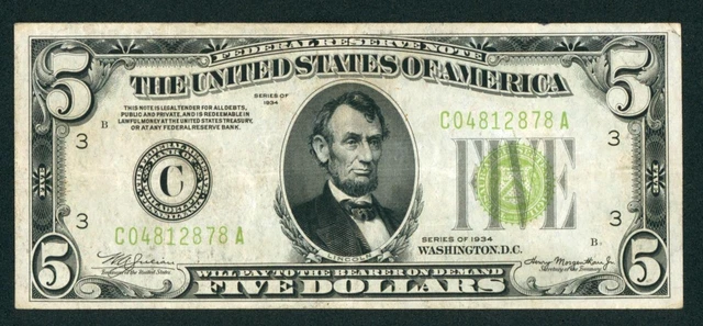 $5 1934 LGS LIME ((LIGHT GREEN SEAL)) Federal Reserve Note CURRENCY AUCTIONS 2