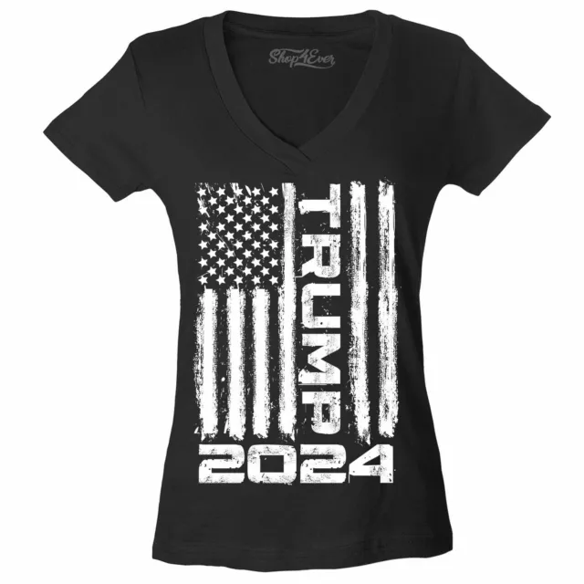 Trump 2024 Flag Women's V-Neck T-shirt Re-Elect Keep America Great USA Flag Tee