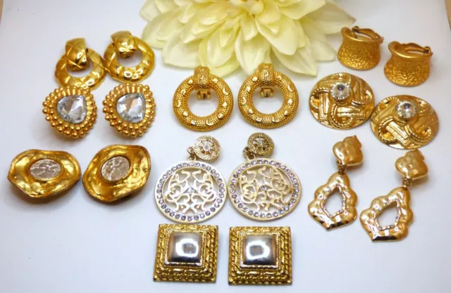 🌺 Lot of 9 Pair Vintage 80's 90's Gold Tone Rhinestone Clip On Earring Lot