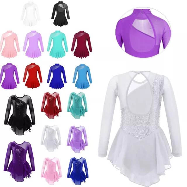 Kids Girls Ballet Ice Skating Dress Long Sleeve Leotard Dress Dancewear Costume