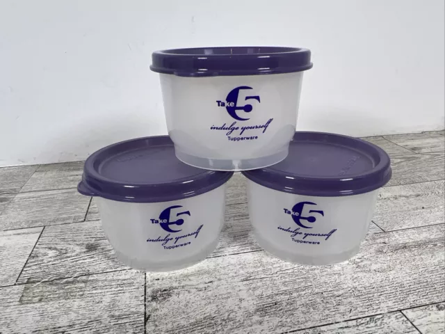 3 NEW Tupperware 1229 SNACK CUPS 4 oz Sheer PURPLE Lids TAKE 5 INDULGE YOURSELF