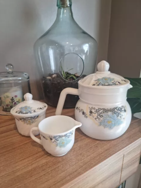 Rockware Opal Milk Glass Blue White Peony Floral Teapot Creamer Sugar Pot Set