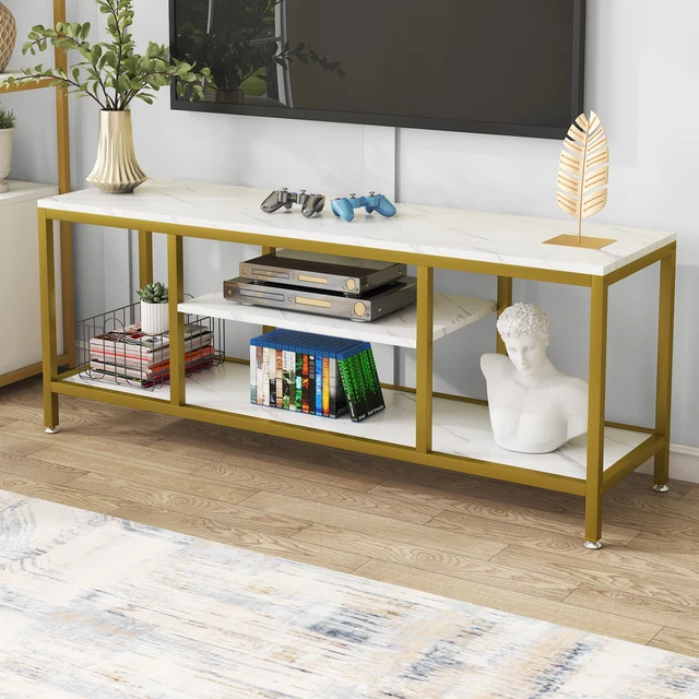 White+Gold TV Stand with Faux Marble Veneer Sofa Console Table with Open Shelves White+Gold TV Stand with Faux Marble Veneer Sofa Console Table with Open Shelves
