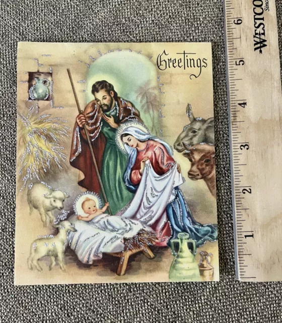 VINTAGE CHRISTMAS CARD Mary Joseph Baby Jesus Angels Mid Century ...