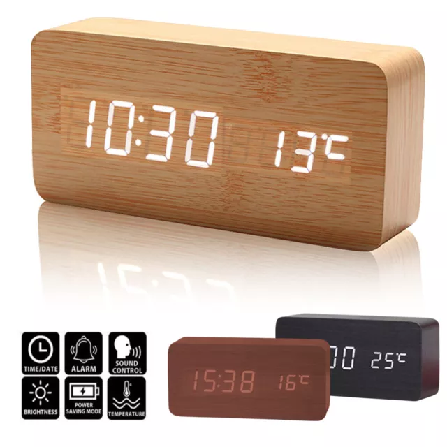 Holz LED Digital Wecker Tischuhr Uhr Kabellos Thermometer Kalender Alarm Snooze