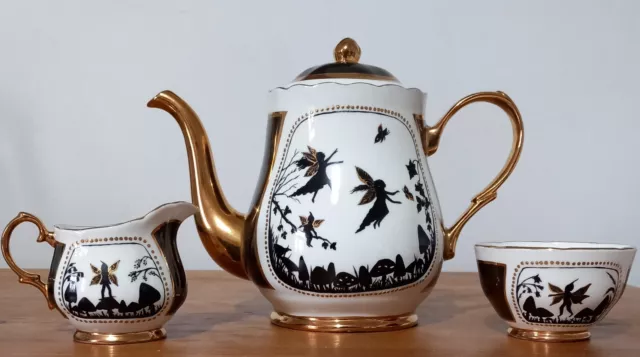 Stunning Hand Painted Teapot / Milk Jug / Sugar Bowl - Fairies & Toadstools