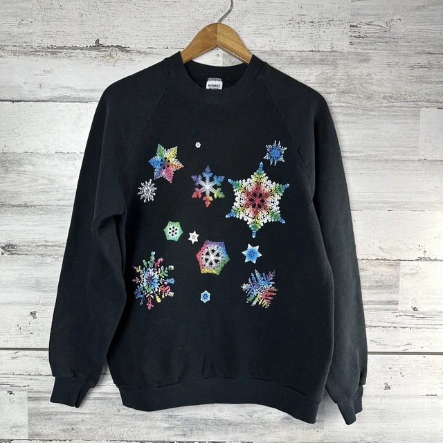 VTG 90s Christmas Sweatshirt Snowflakes Black sz XL USA