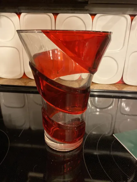 Ruby Red Ribbon Spiral Art Glass Teleflora  Heavy Thick Vase 10''X7''