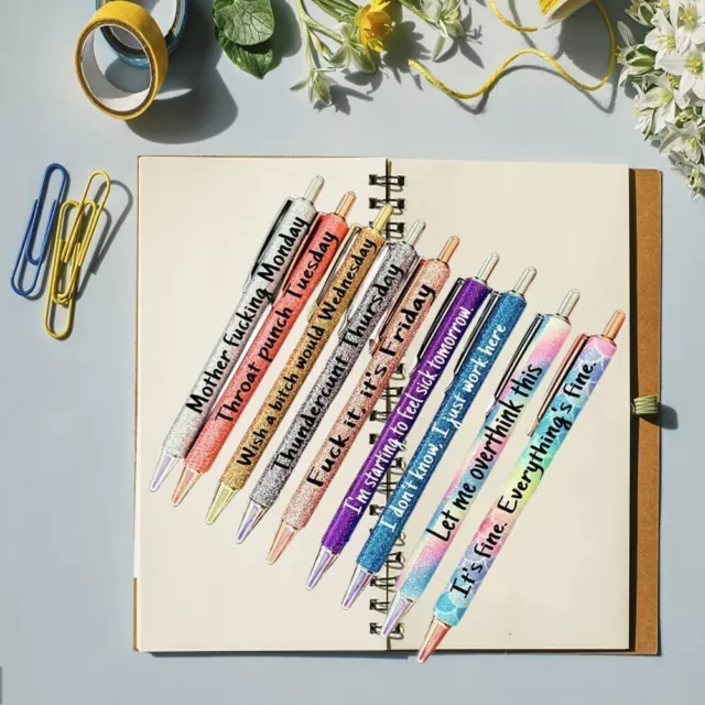 7PCS Funny Pens: Swear Word Daily Pen Set, Weekday Vibes Glitter Pen Set,  Days of The Week Pens, Dirty Cuss Word Pens for Each Day of The Week, Funny