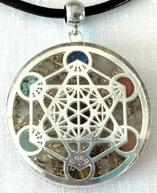 Orgone Pendant Silver Sacred Geometry Metatron & Seven Chakra Healing Stones USA