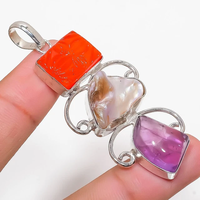 Biwa Pearl, Amethyst Gemstone Handmade 925 Sterling Silver Jewelry Pendant 2.48"