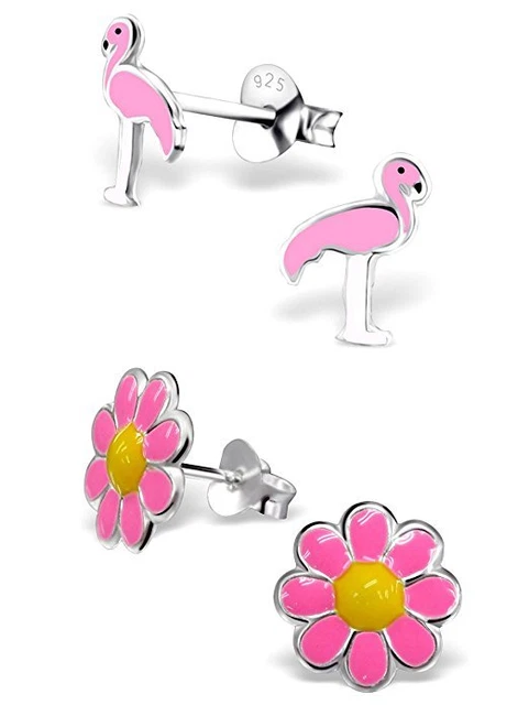 Set of 2 Pairs 925 Sterling Silver Kids Girls Lot Stud Earrings (Nickel Free)
