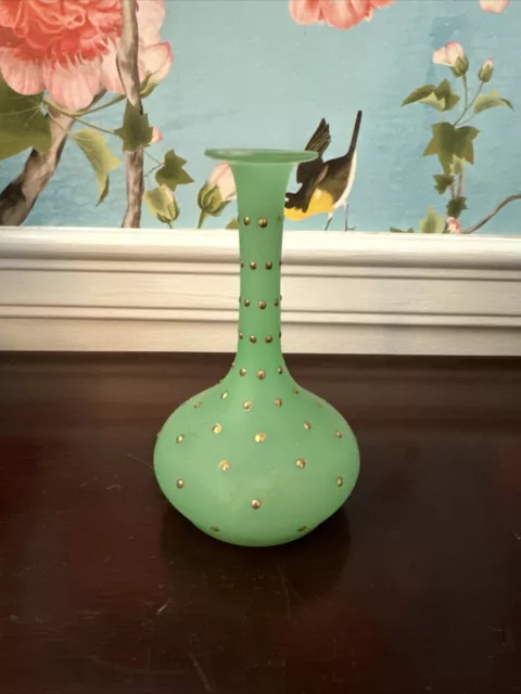 Uranium Green French Opaline Glass: Bud Vase, Hand Enameled Gold Trim Polka Dot