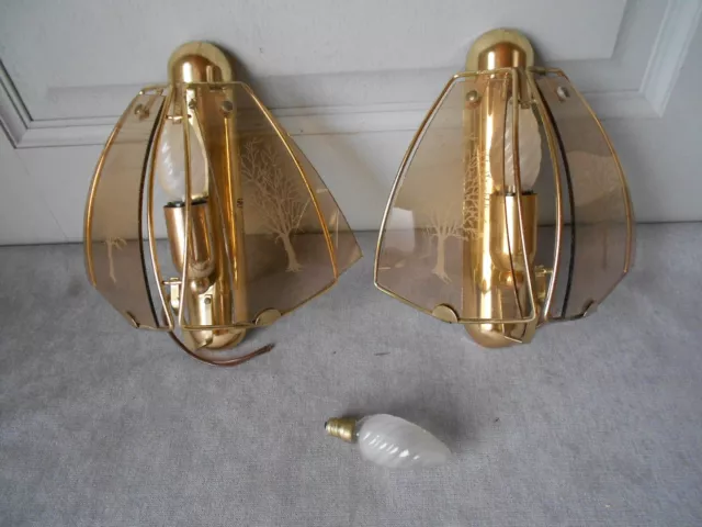 pair Vintage French brass Wall light sconces -smoked shades