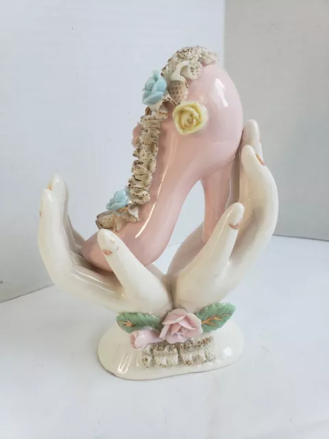 Vintage 1950s Mid Mod Ceramic Ladies Hand Holding Pink High Heal With Flowers R6