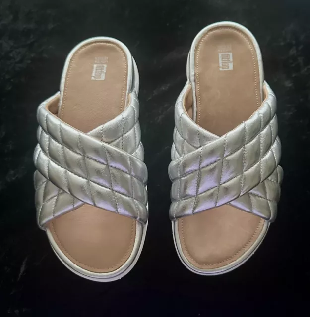 FITFLOP LOOSH LUXE Cross Silver Metallic Slide Sandal UK 7