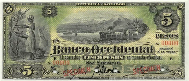 El Salvador  5  Pesos ND. 1.1915 S 176s  Series E Specimen Uncirculated Banknote