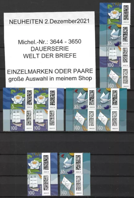 Bund 2. Dezember 2021 Mi-Nr: 3647 - 3650 WELT DER BRIEFE einzeln oder PAARE