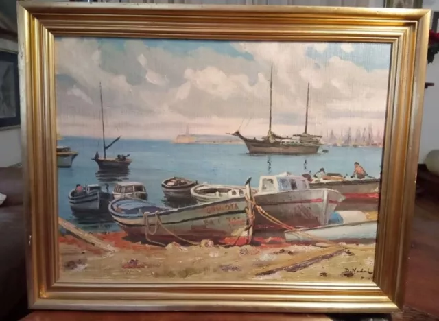 Tableau Ancien Huile sur toile marine bateaux XXe