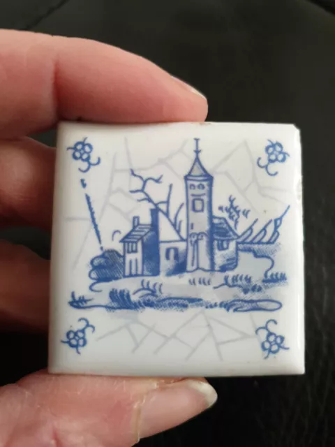 Petit Carreau de faïence de Delft Néerlandais Village Hollandais bleu blanc mini