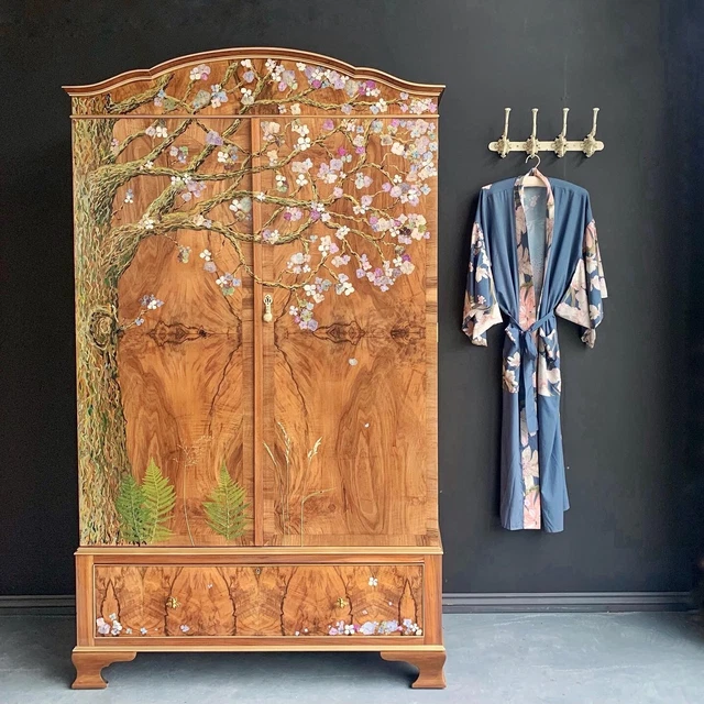 Walnut Wardrobe, Botanical Art, Queen Anne Armoire, French Armoire, Art Deco