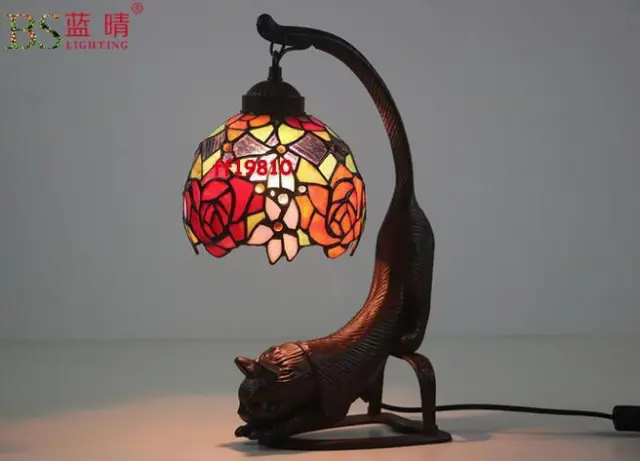 8" Vintage Tiffany Stained Glass Red Dragonfly Cat Flower Butterfly Table Lamp