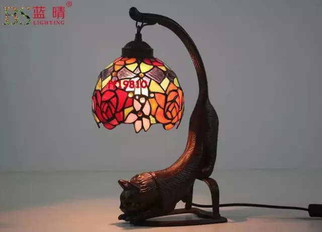 8" Vintage Tiffany Stained Glass Red Dragonfly Cat Flower Butterfly Table Lamp