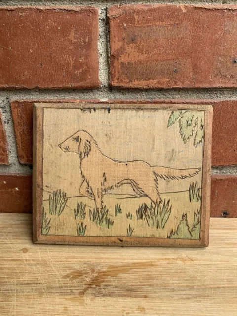 Vintage Folk Art Wood Carving of Dog Relief Plaque Pointer Primitive Style