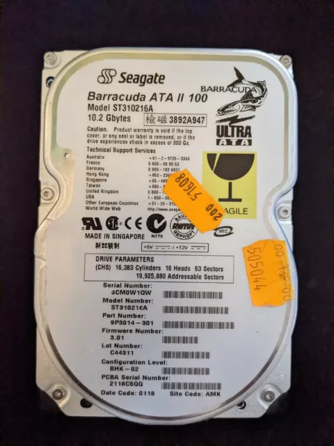 Disque dur vintage - Seagate ST310216A Barracuda ATA II 100, 10.2 GB IDE