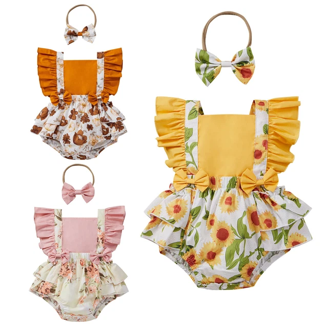 Toddler Baby Girls Princess Outfits Set Flower Print Bodysuit+Bowknot Headband