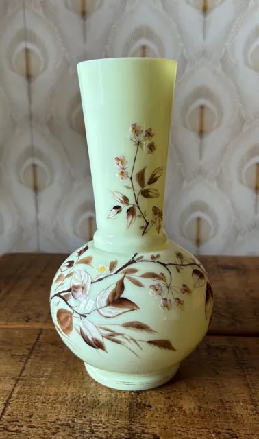 Victorian era Bohemian opaline green glass hand painted vase, 8 inches, floral