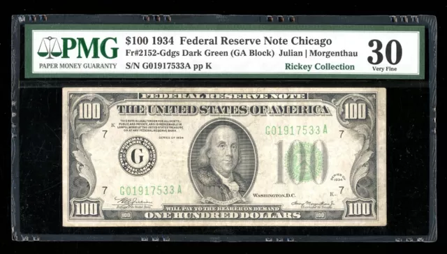DBR 1934 $100 DGS FRN Chicago Fr. 2152-Gdgs PMG 30 Serial G01917533A