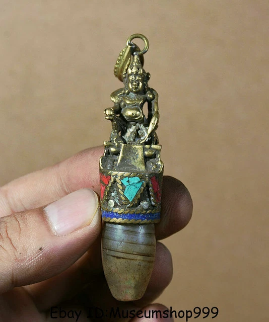 3.2" Old Tibet Buddhism Bronze Agate Yellow Jambhala Wealth God Pendant Amulet
