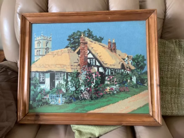 Beautiful Vintage framed hand stitched woollen cottage tapestry