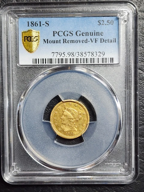 1861 S $2 1/2 Gold Liberty Coin, PCGS Graded VF Details