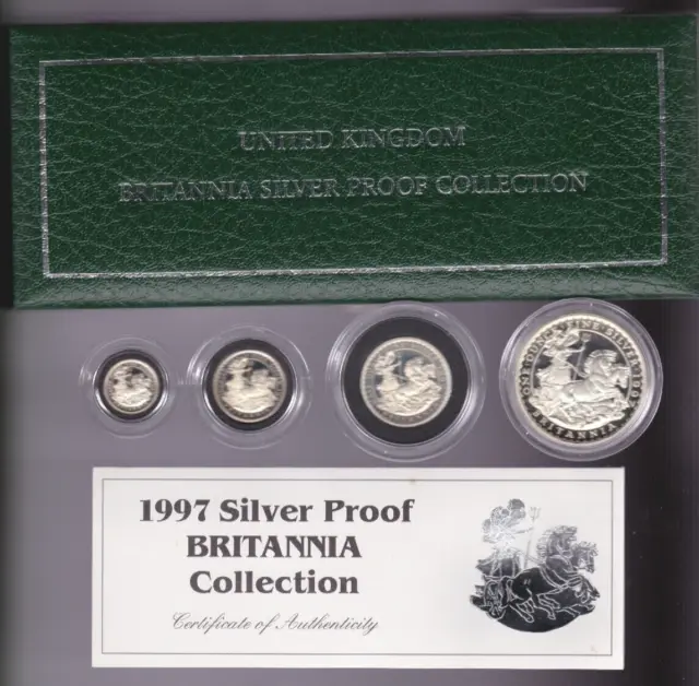 Boxed 1997 Britannia Silver Proof Collection 4 Coin Set In Near Mint Condition.