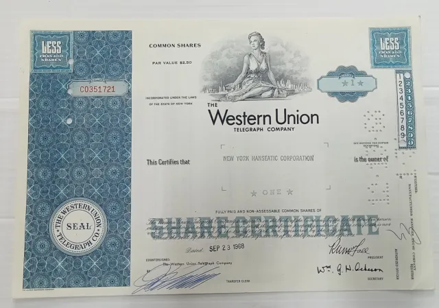 AOP US Western Union Telegraph Company 1968 share certificate for 1 shares