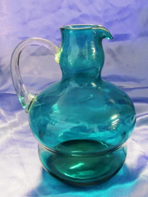 Art Deco Glass Pitcher Jug Deep Turquoise Retro 7 1/2" tall